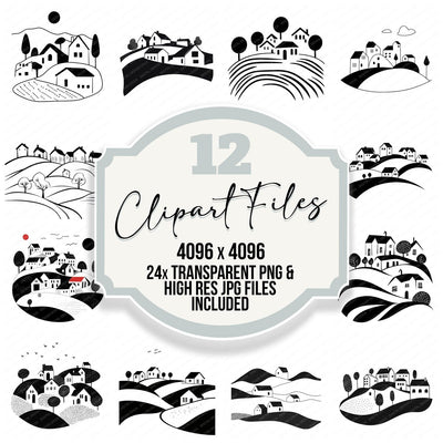 Minimal Abstract Countryside Village clipart set cover showing the designs and file details
