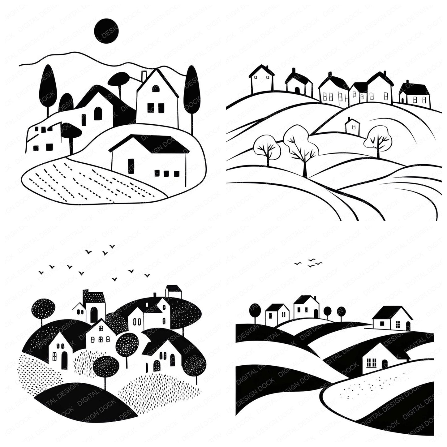 Minimal Abstract Countryside Village Clipart Set (DDD006054)