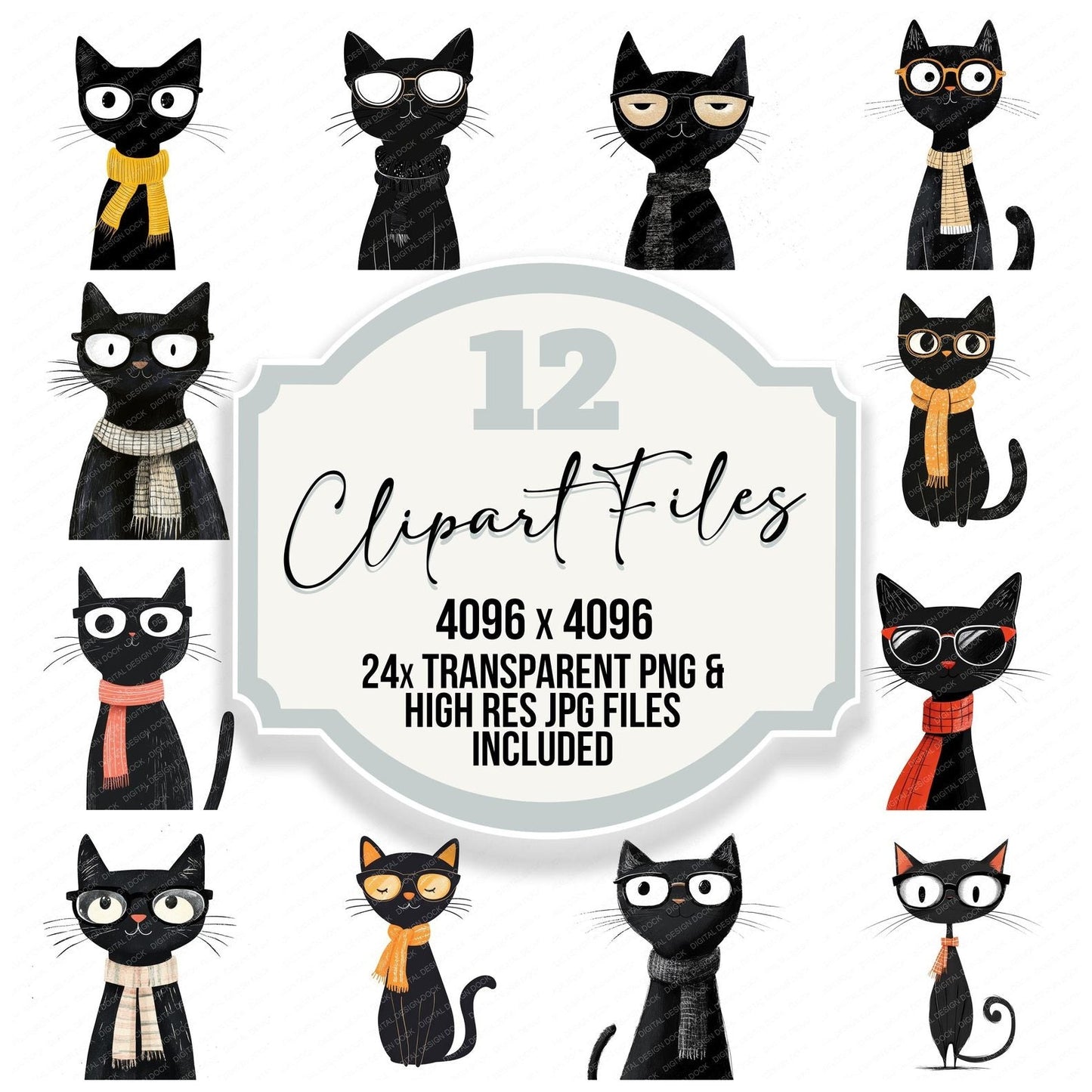 Minimal Black Cat Character Clipart Set (DDD006055)