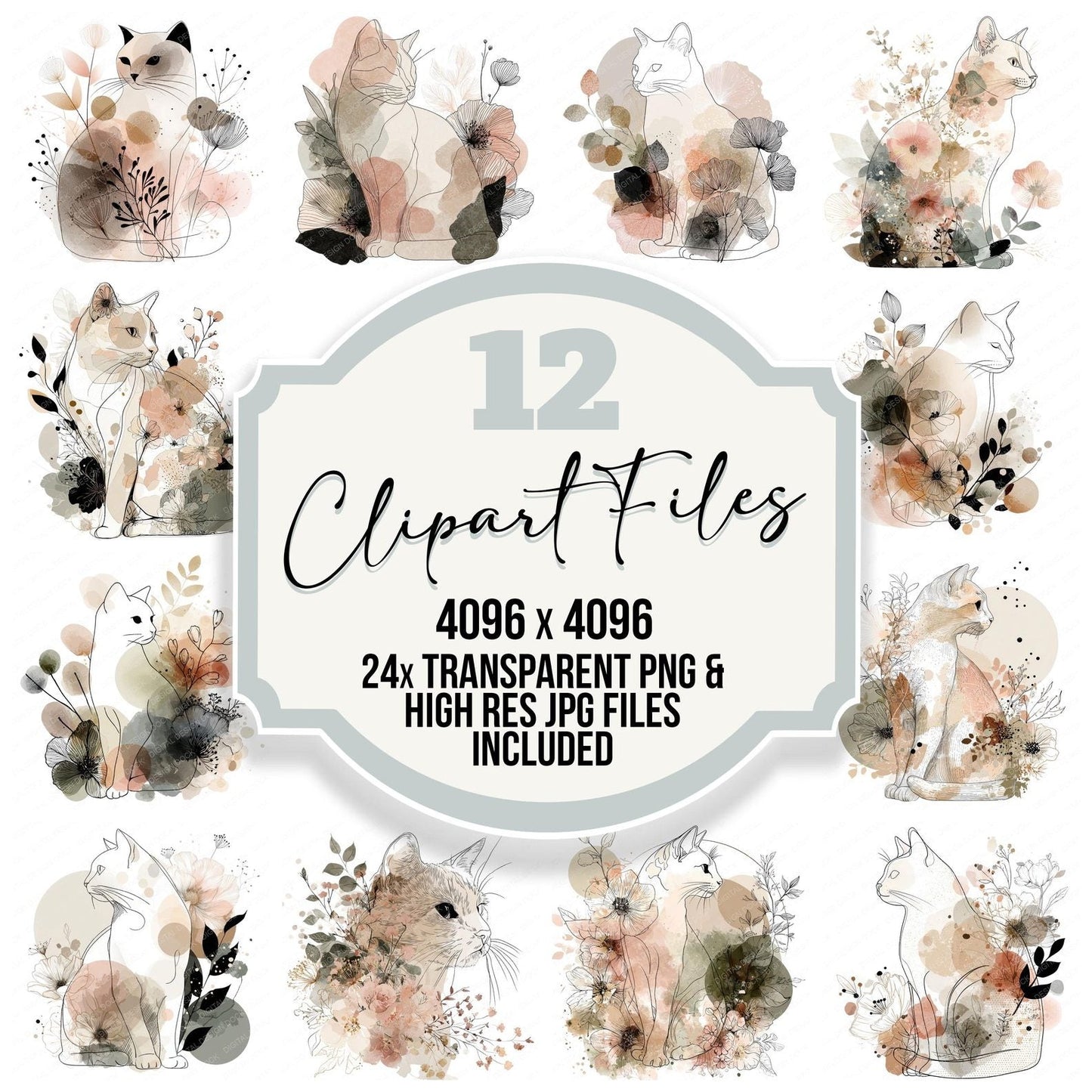 Minimal Floral Cat Clipart Set (DDD006061)