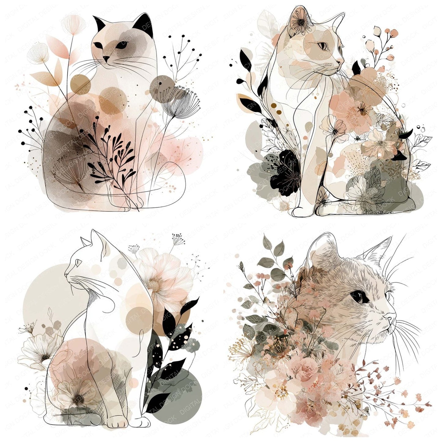 Minimal Floral Cat Clipart Set (DDD006061)