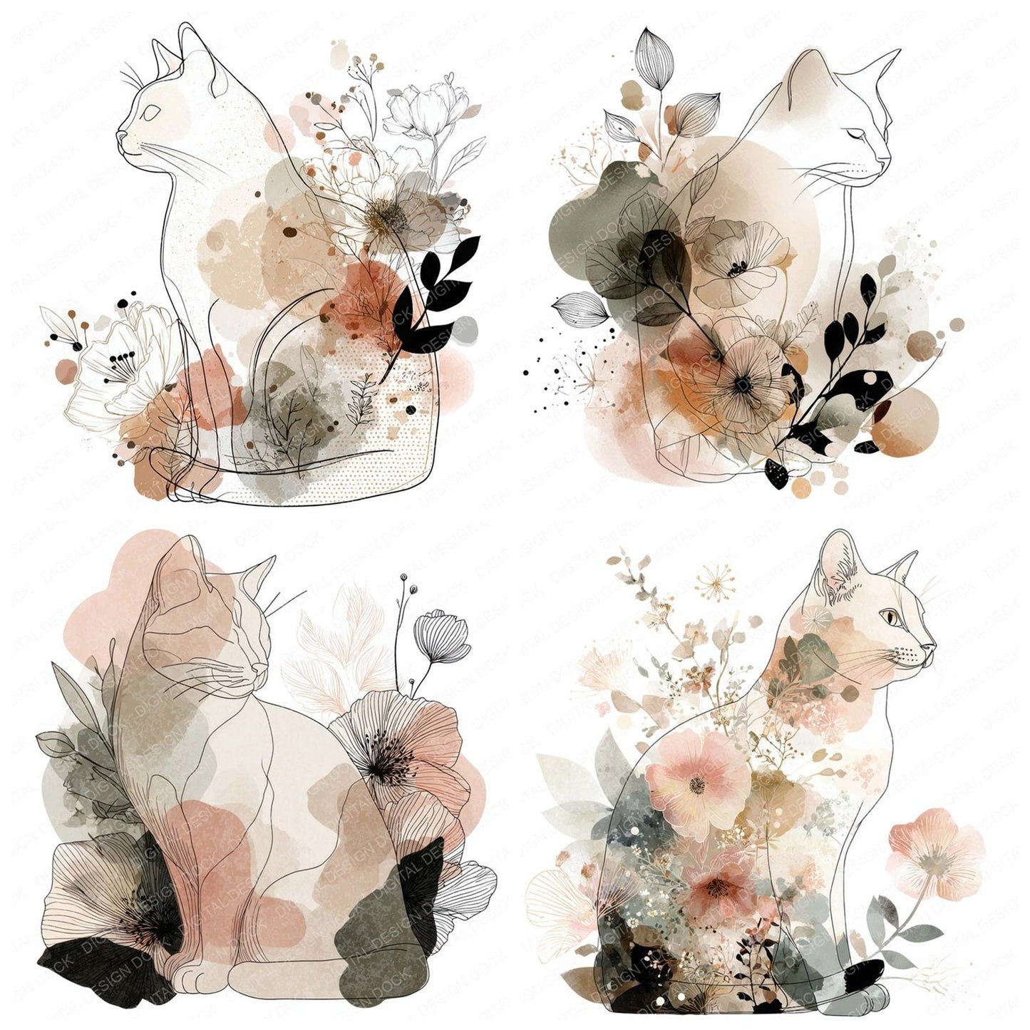 Minimal Floral Cat Clipart Set (DDD006061)
