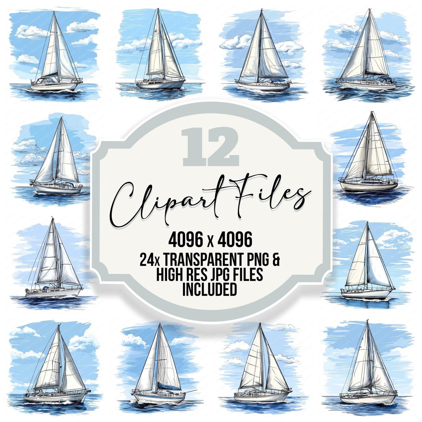 Minimal Sailboat Illustration Clipart Set (DDD006067)