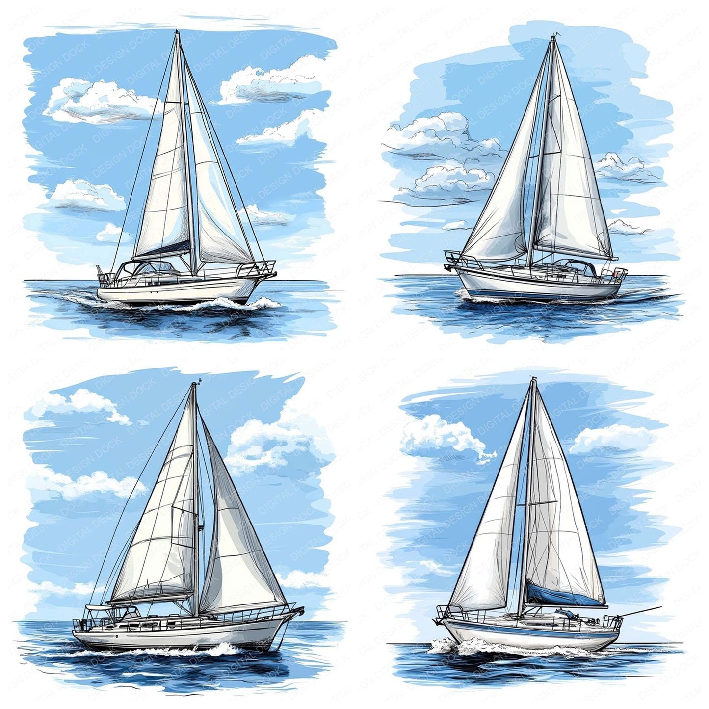 Minimal Sailboat Illustration Clipart Set (DDD006067)