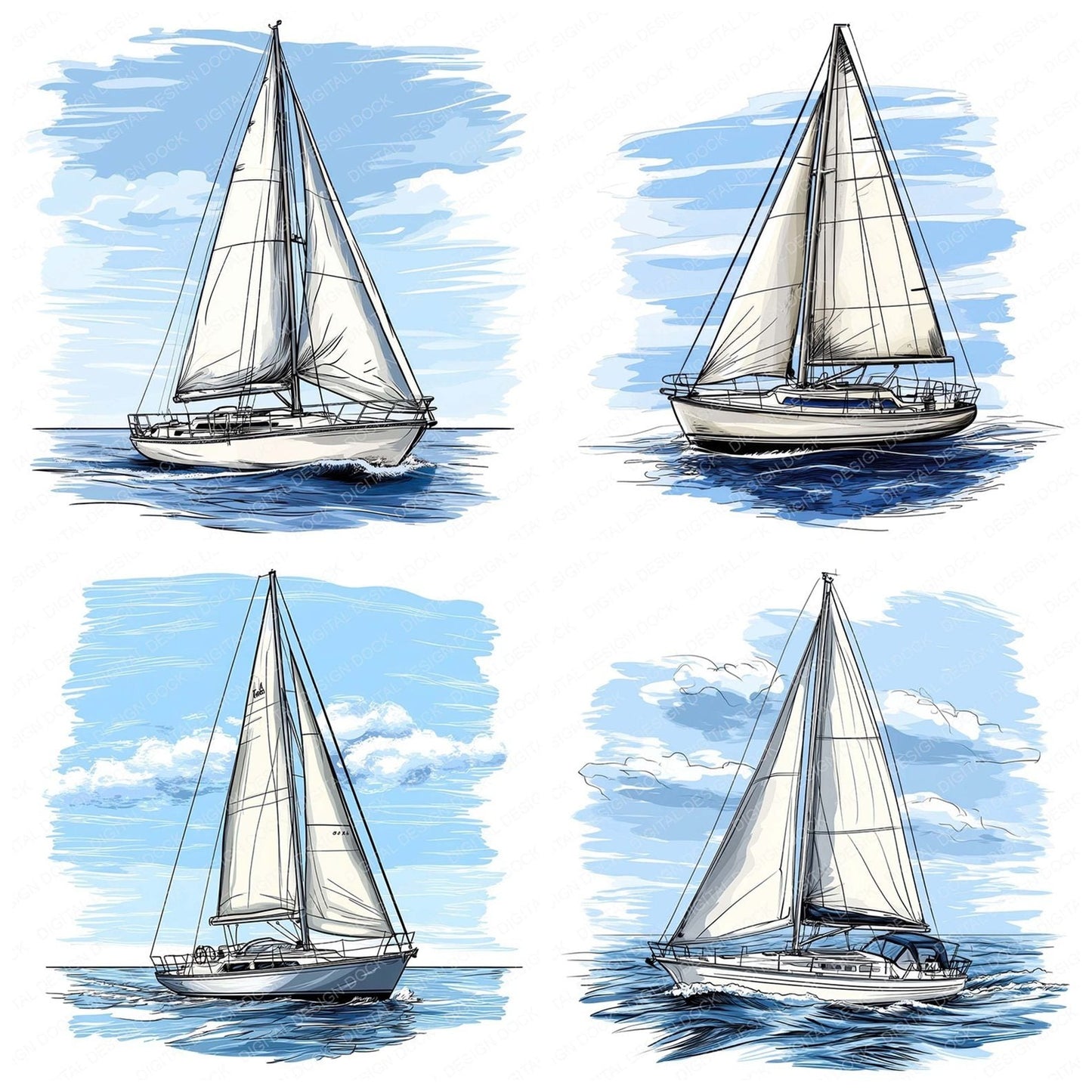 Minimal Sailboat Illustration Clipart Set (DDD006067)