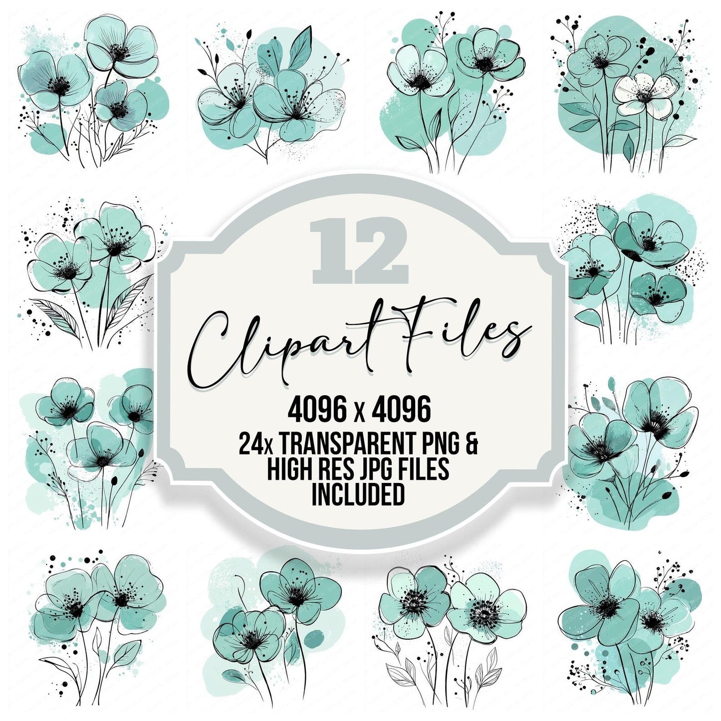 Mint Abstract Flowers Clipart Set (DDD006071)