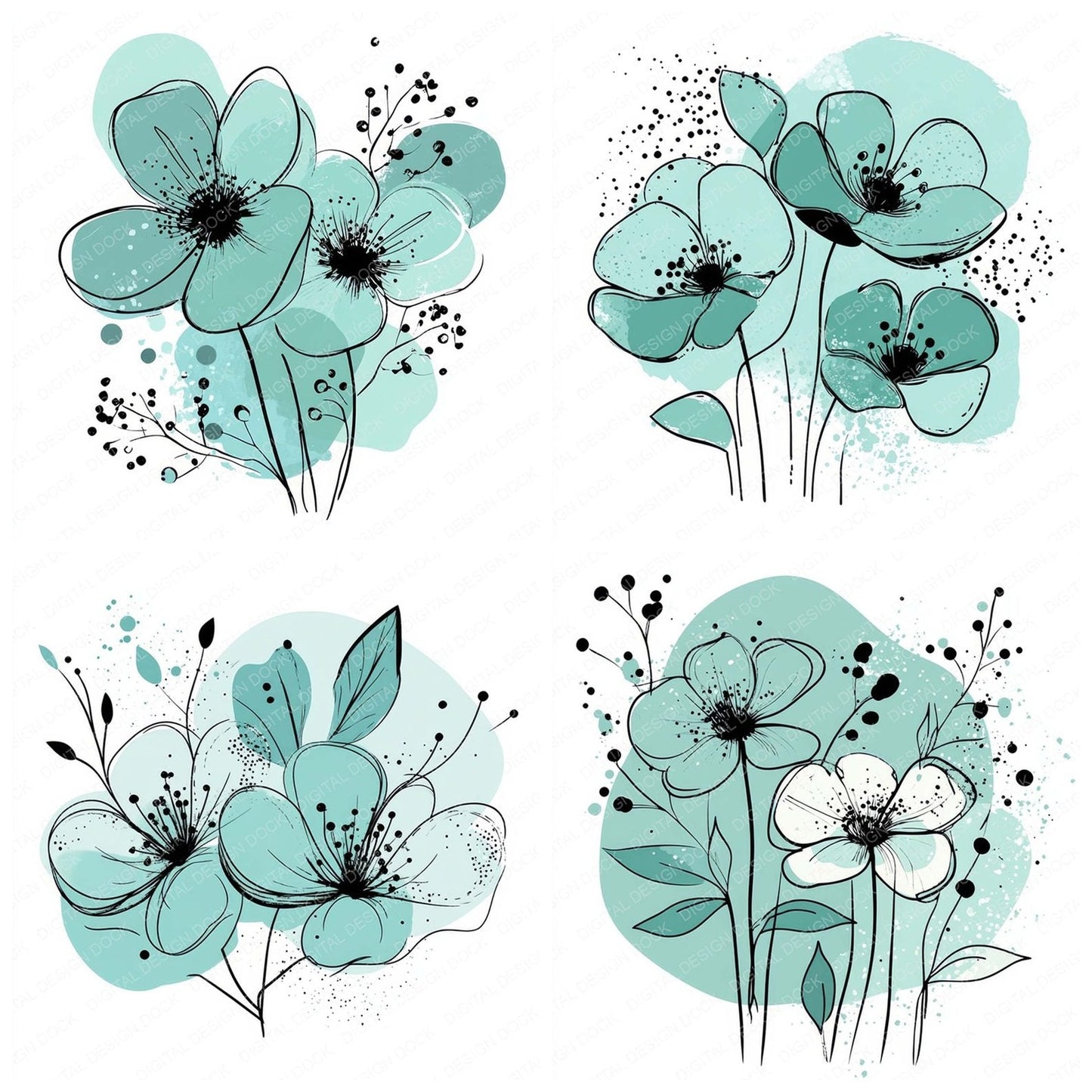 Mint Abstract Flowers Clipart Set (DDD006071)