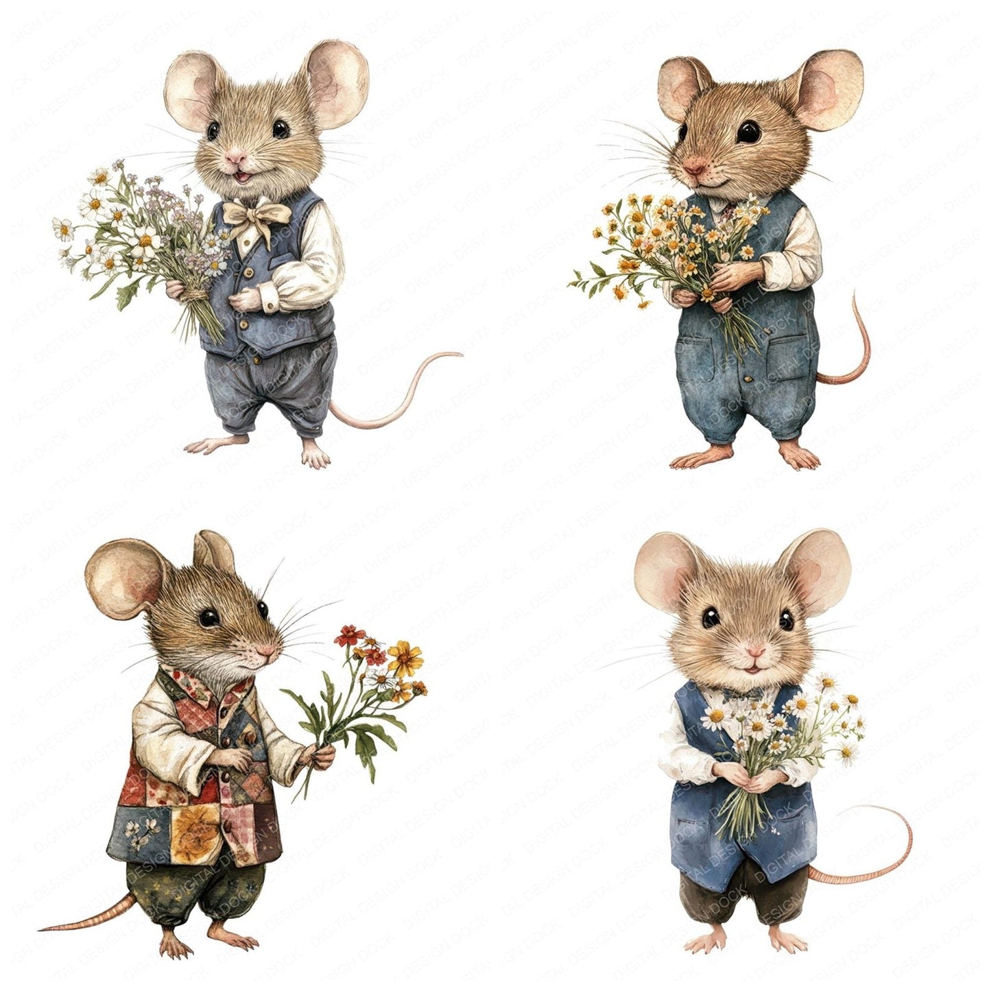 Mouse Holding Flowers Clipart Set (DDD006111)