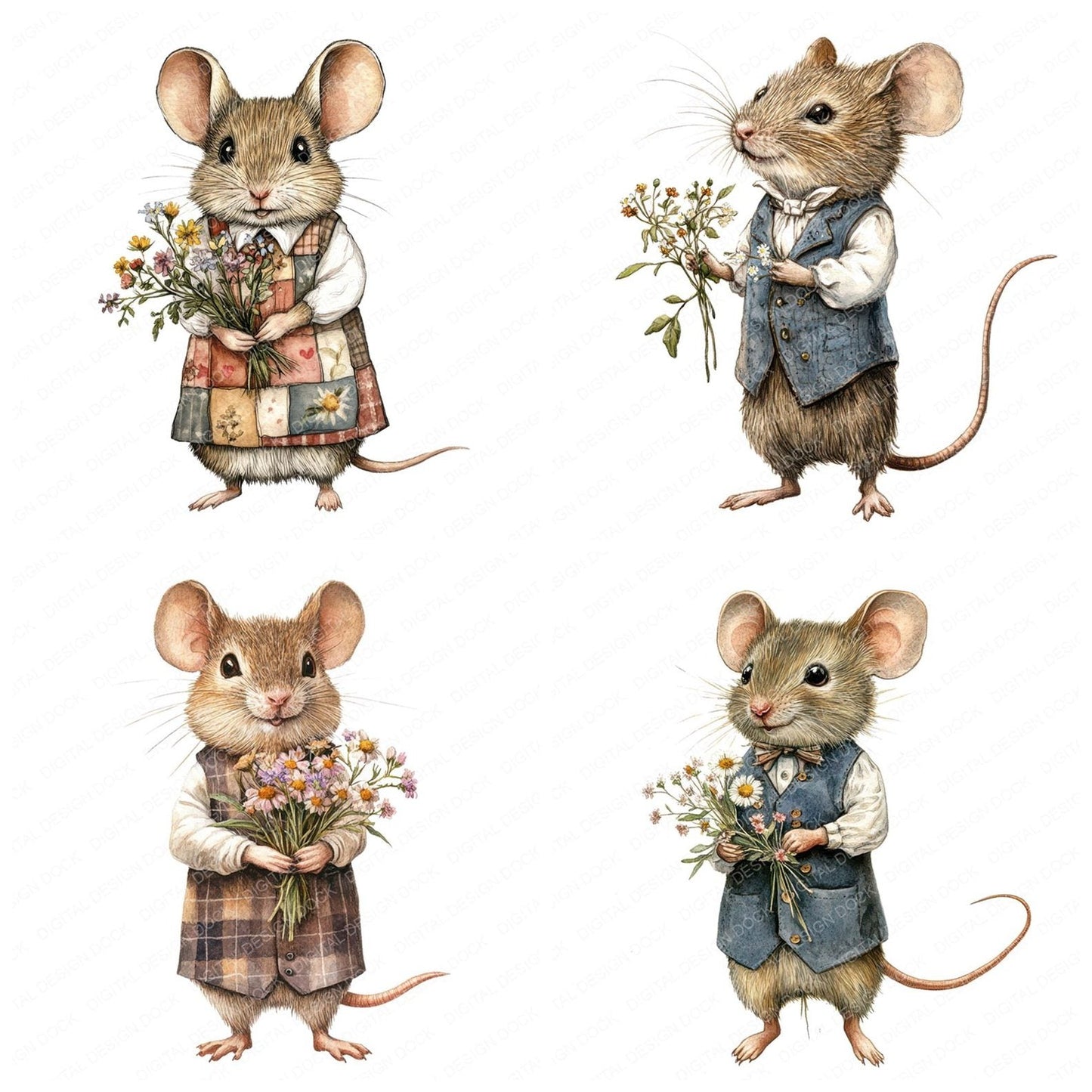 Mouse Holding Flowers Clipart Set (DDD006111)
