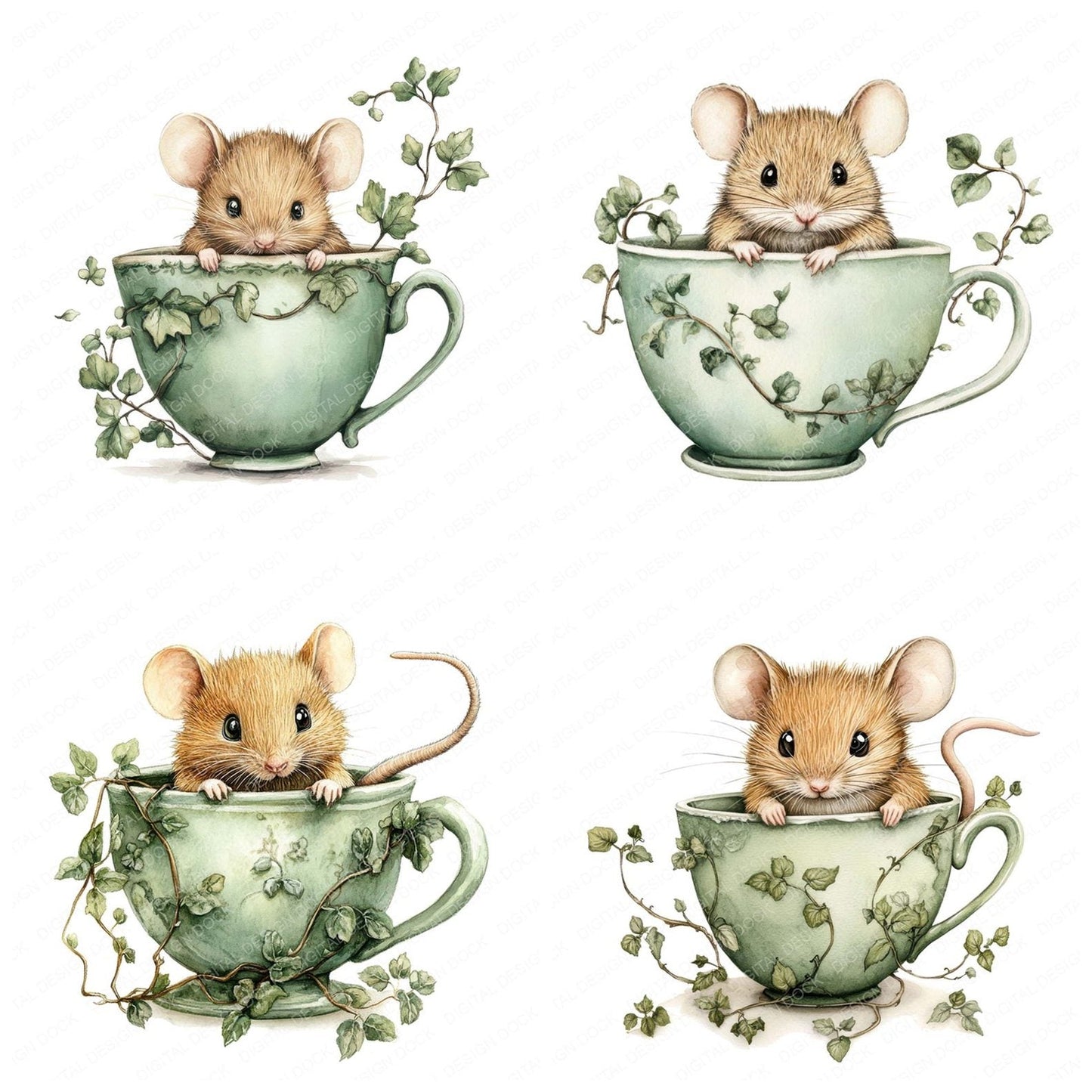 Mouse in Ivy Teacup Clipart Set (DDD006112)