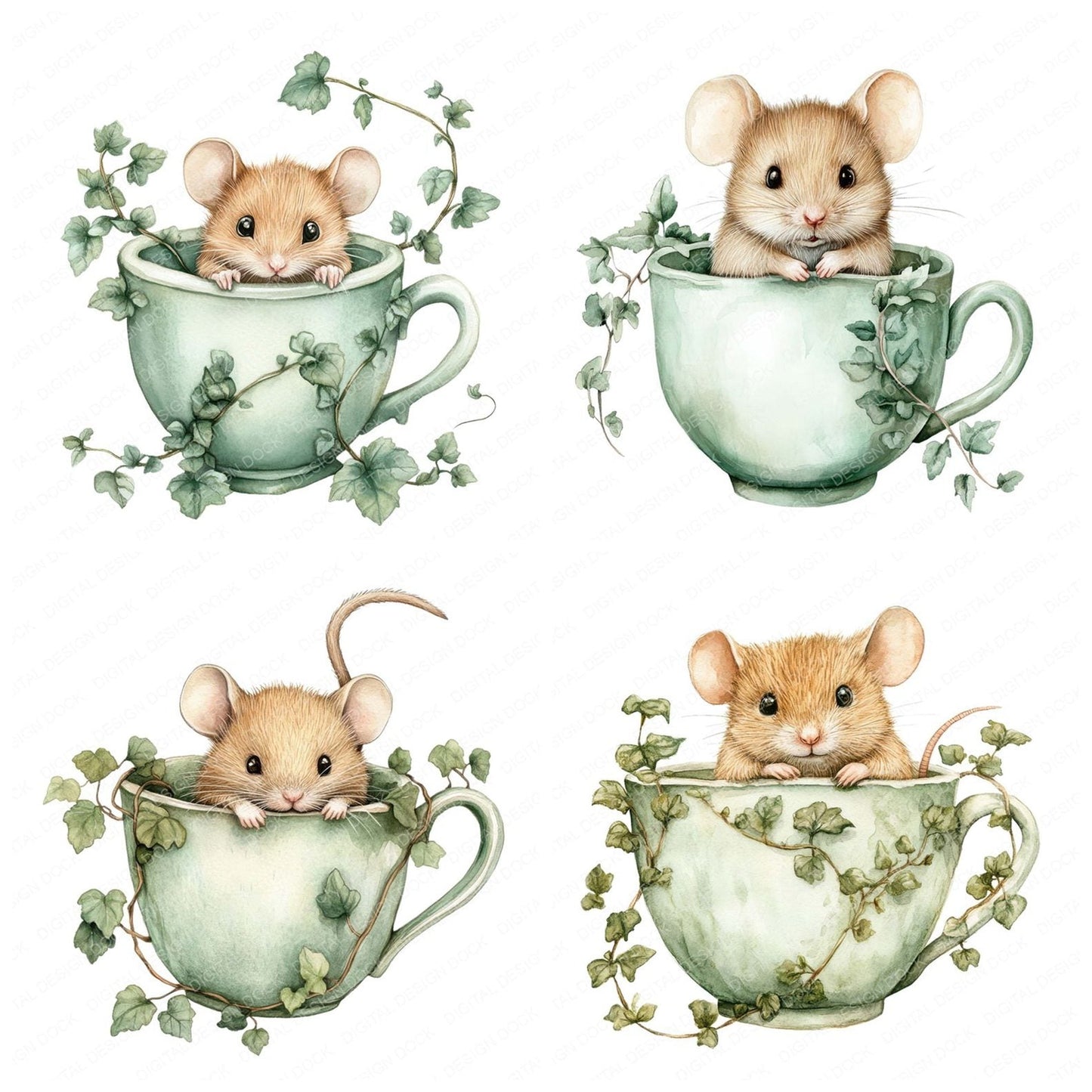 Mouse in Ivy Teacup Clipart Set (DDD006112)