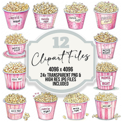 Movie Night Popcorn clipart set cover showing the designs and file details