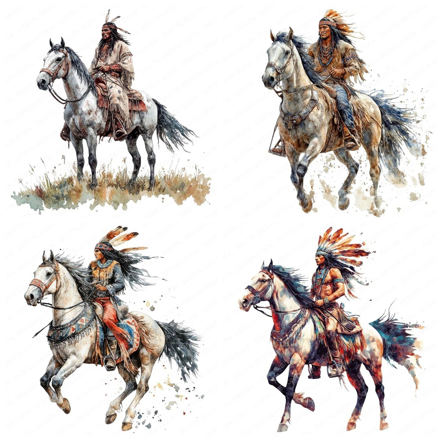 Native Indian Man on Horse Clipart Set (DDD006129)