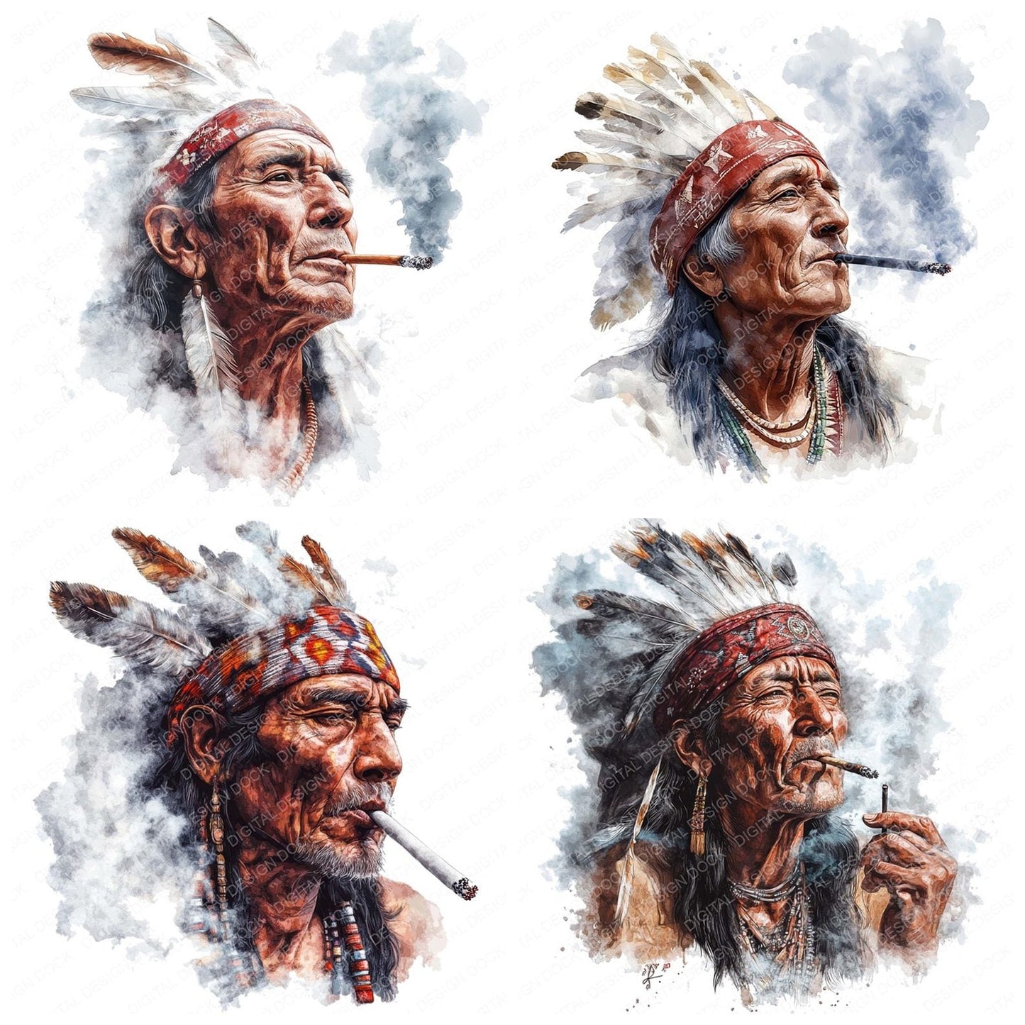 Native Indian Man Smoking Clipart Set (DDD006130)