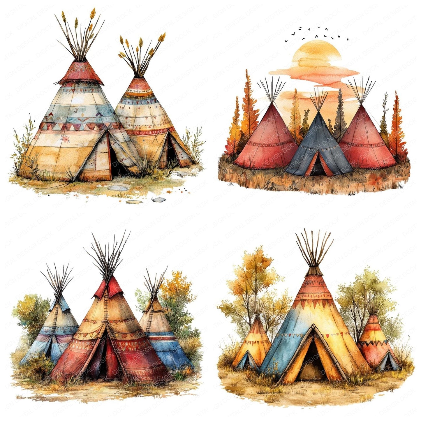 Native Indian Village Landscape Clipart Set (DDD006131)