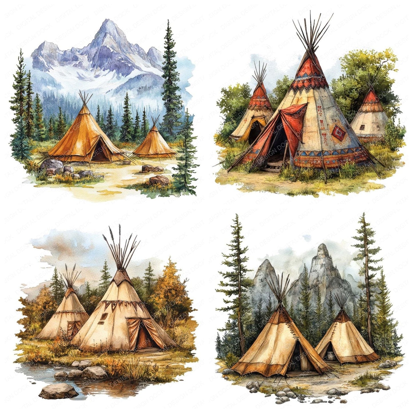 Native Indian Village Landscape Clipart Set (DDD006131)