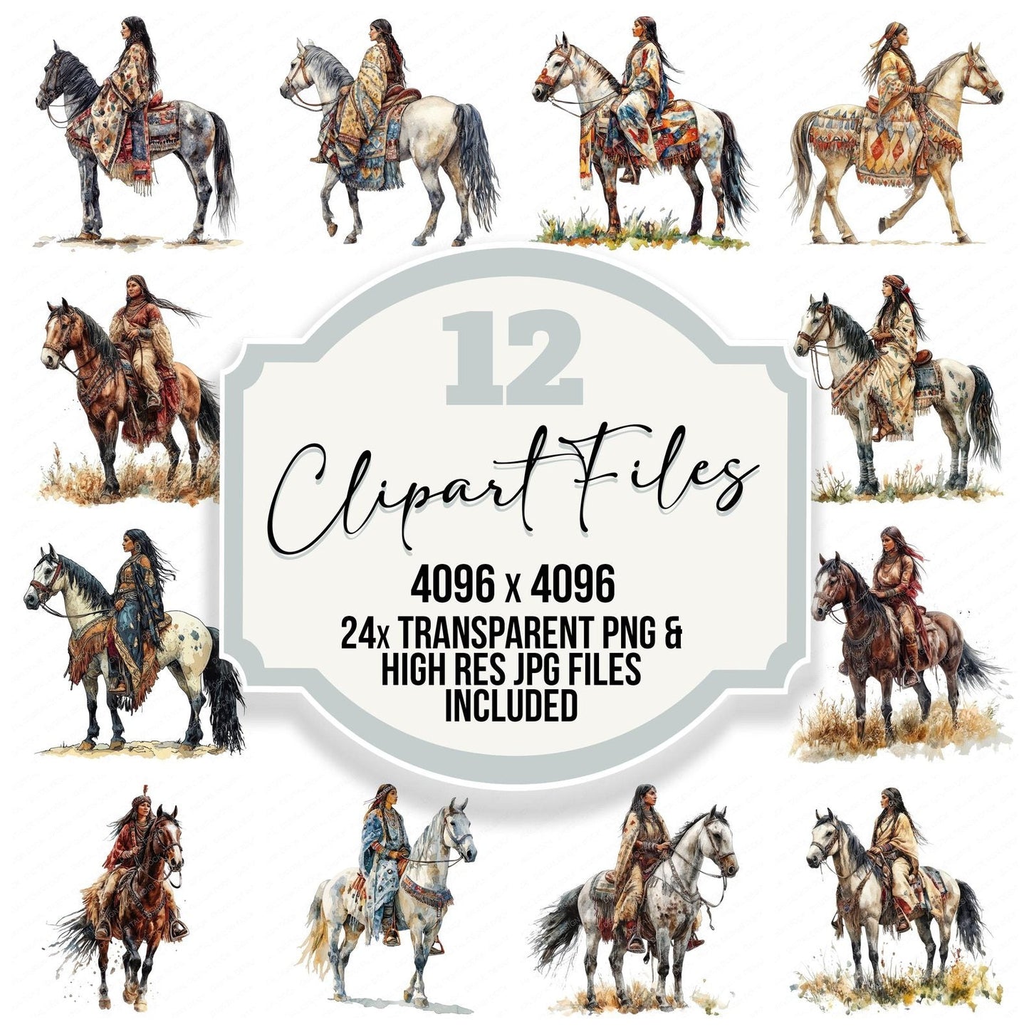 Native Indian Woman on Horse Clipart Set (DDD006132)