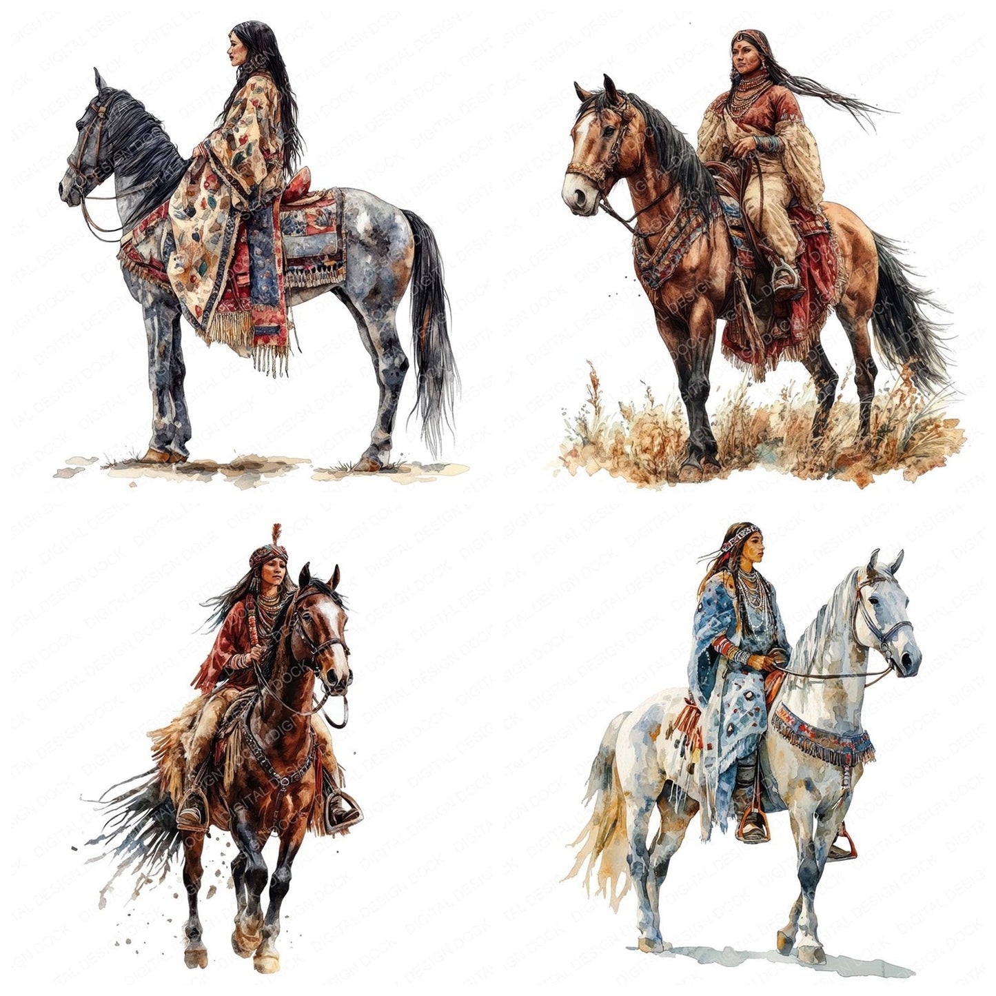 Native Indian Woman on Horse Clipart Set (DDD006132)
