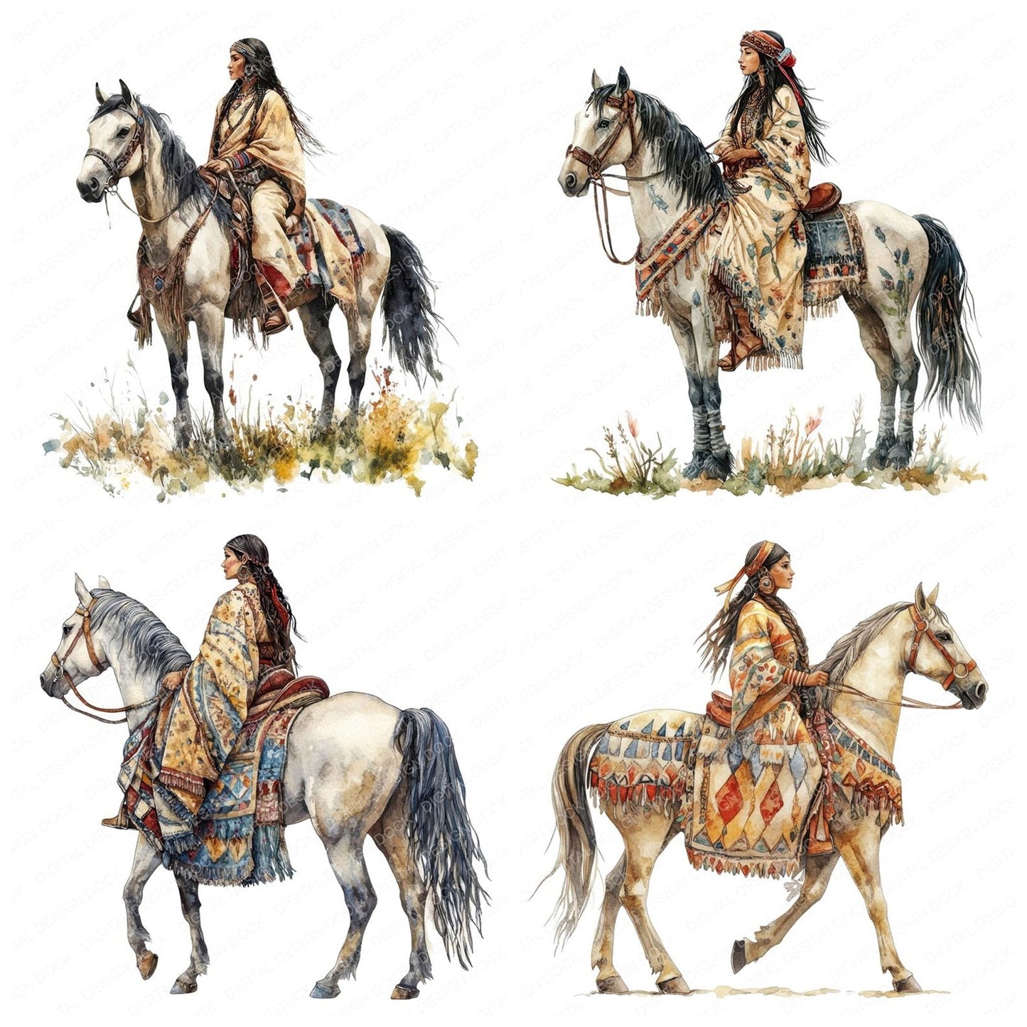 Native Indian Woman on Horse Clipart Set (DDD006132)