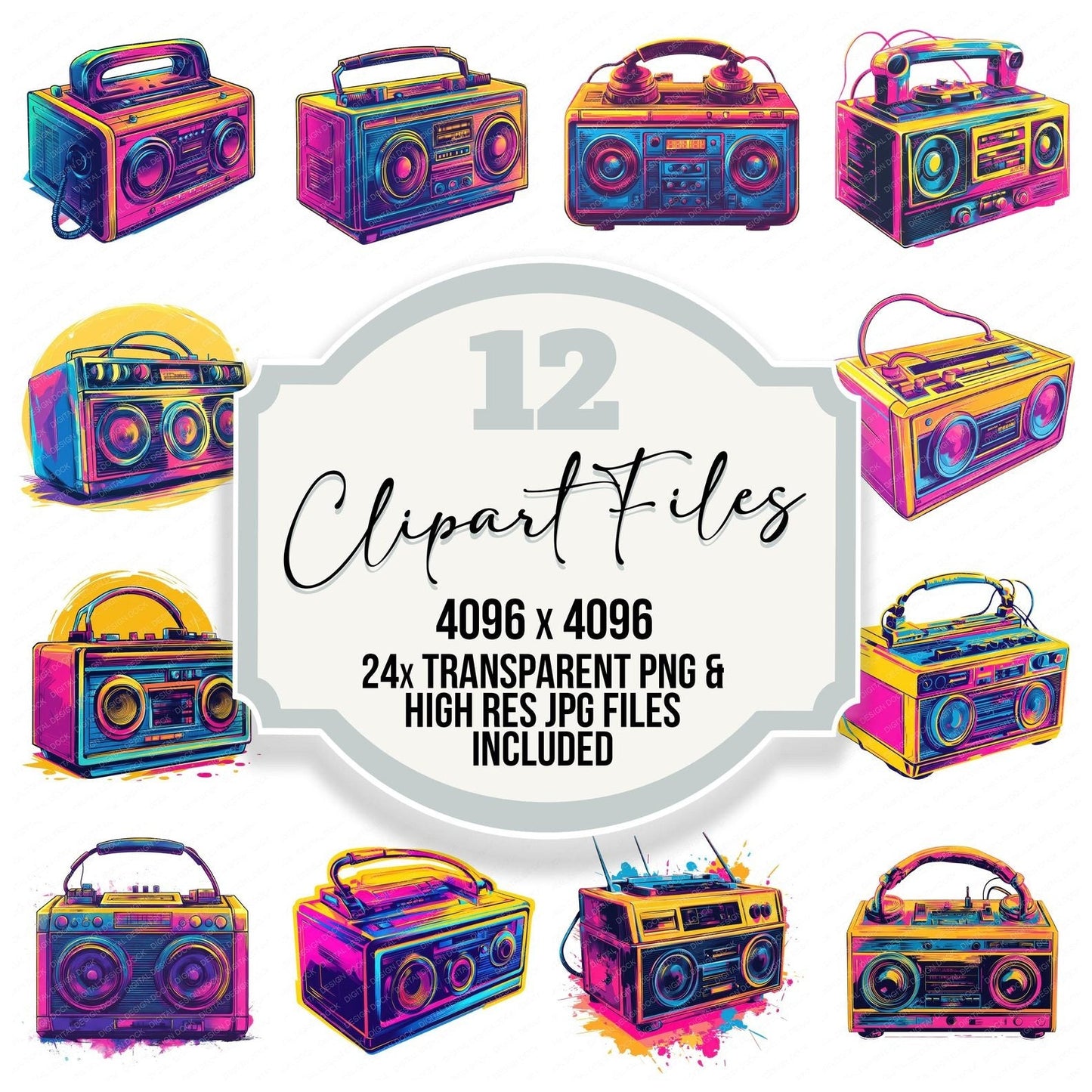 Neon Retro Boombox Clipart Set (DDD006136)