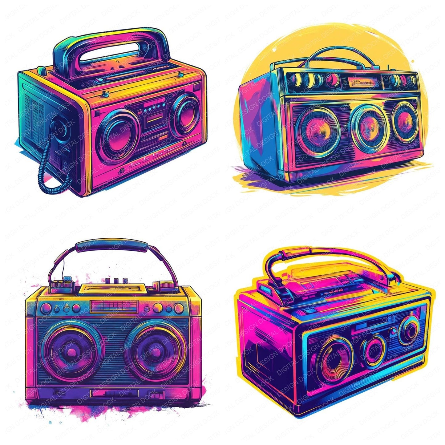 Neon Retro Boombox Clipart Set (DDD006136)