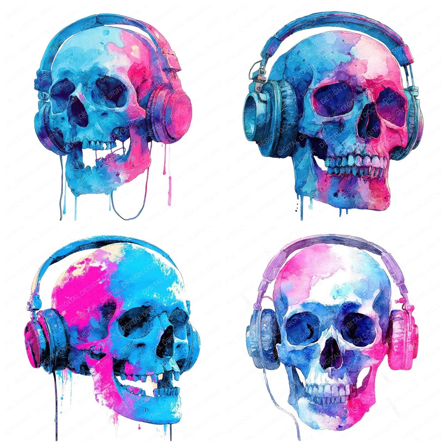 Neon Skull Headphones Clipart Set (DDD006139)