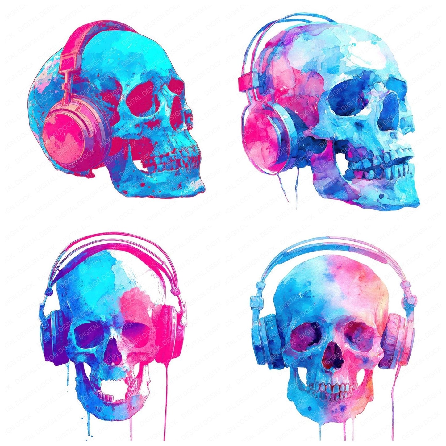 Neon Skull Headphones Clipart Set (DDD006139)