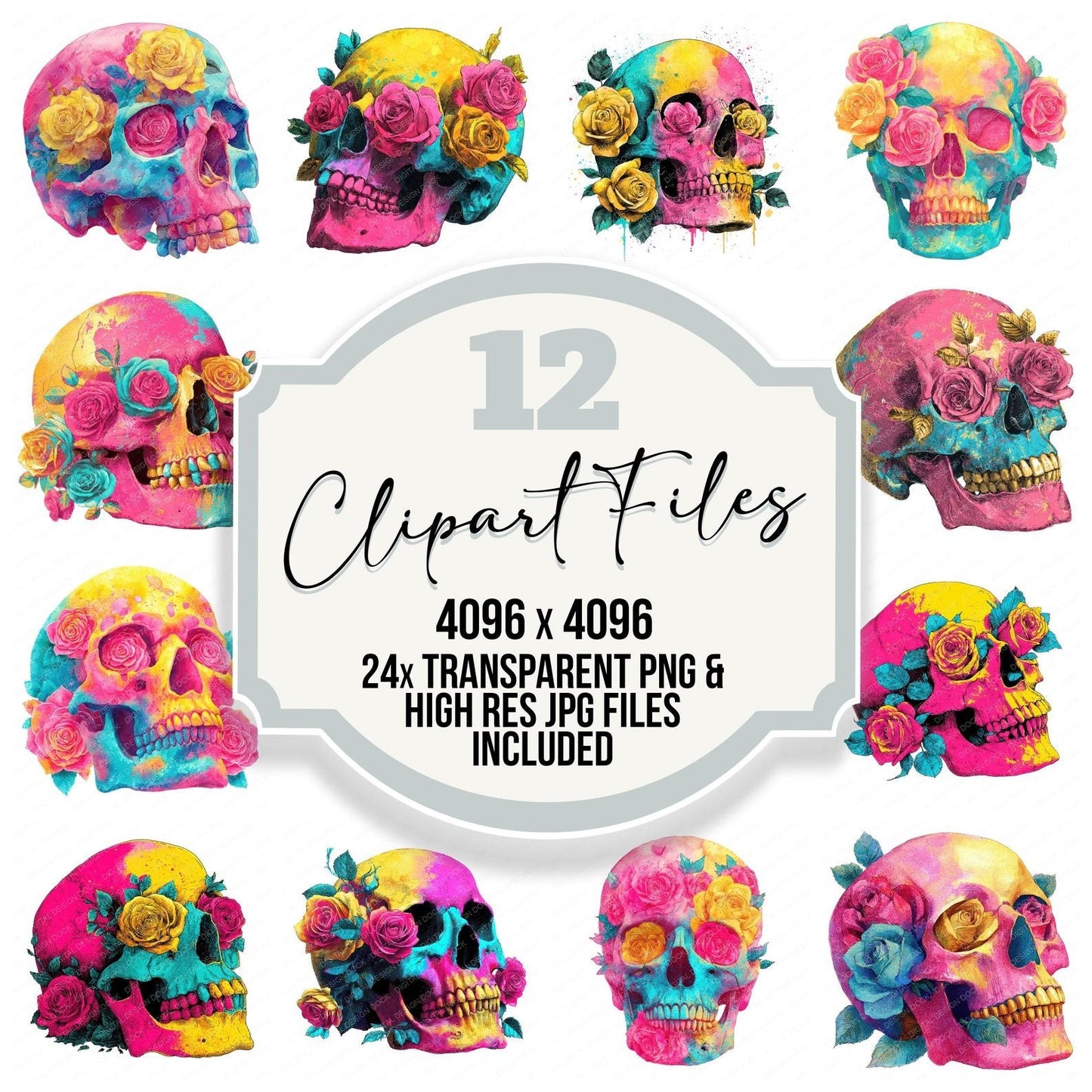 Neon Skull Roses Clipart Set (DDD006141)