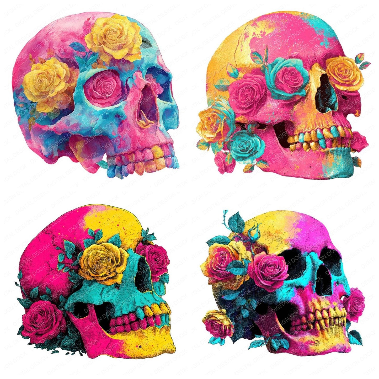 Neon Skull Roses Clipart Set (DDD006141)