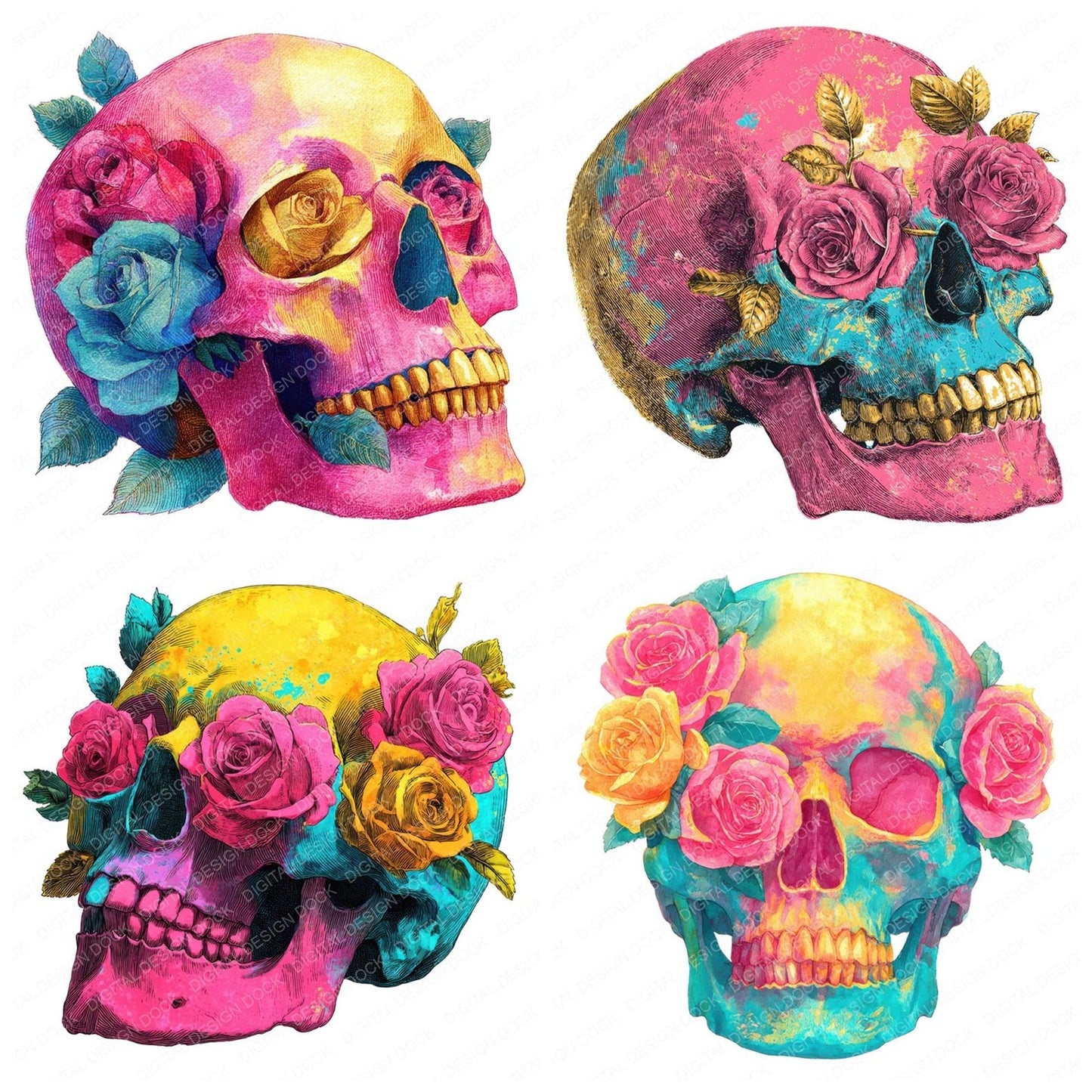 Neon Skull Roses Clipart Set (DDD006141)