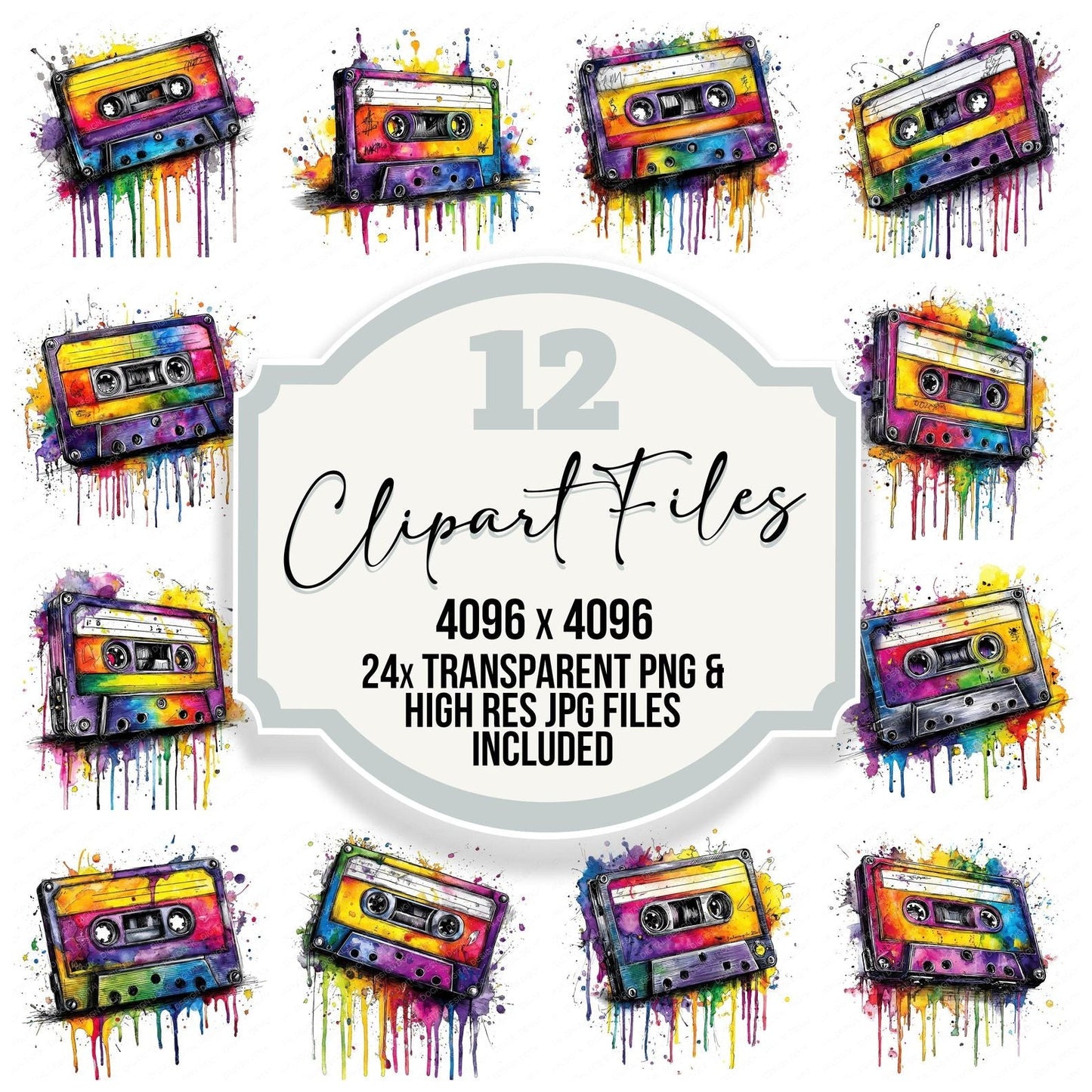 Neon Watercolour Music Cassette Tape Clipart Set (DDD006161)