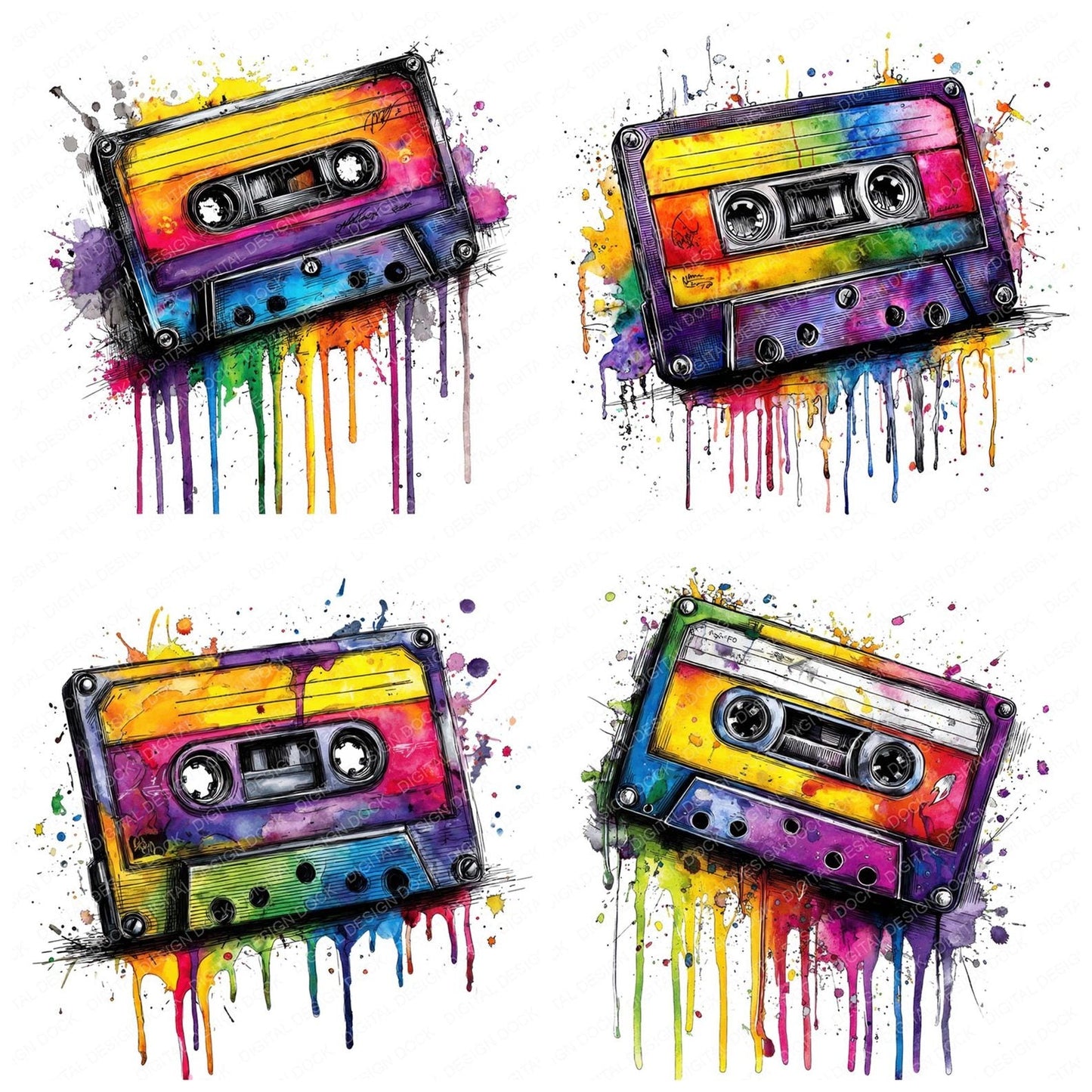 Neon Watercolour Music Cassette Tape Clipart Set (DDD006161)