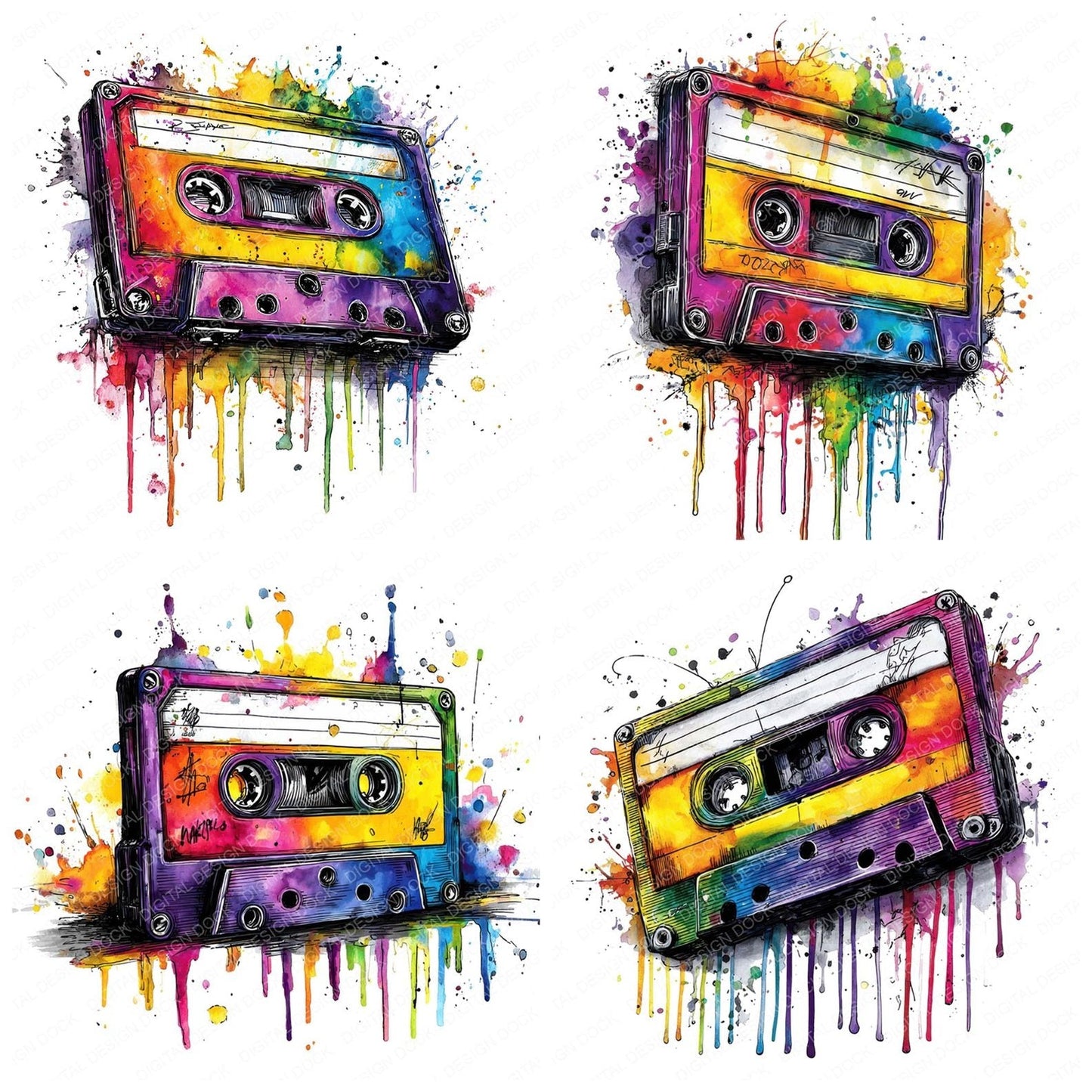 Neon Watercolour Music Cassette Tape Clipart Set (DDD006161)