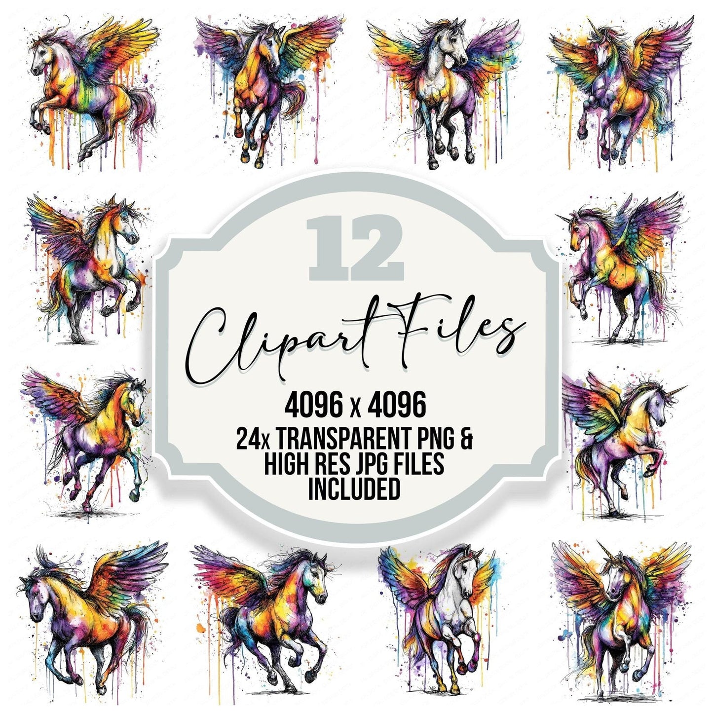 Neon Watercolour Pegasus Clipart Set (DDD006164)