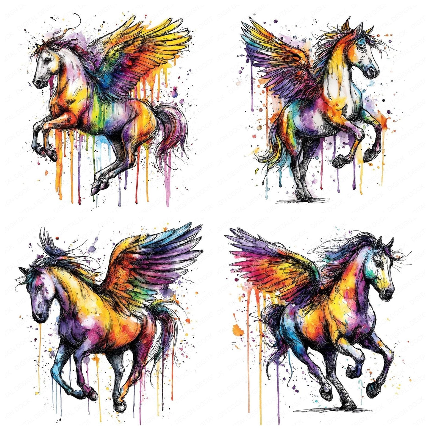 Neon Watercolour Pegasus Clipart Set (DDD006164)
