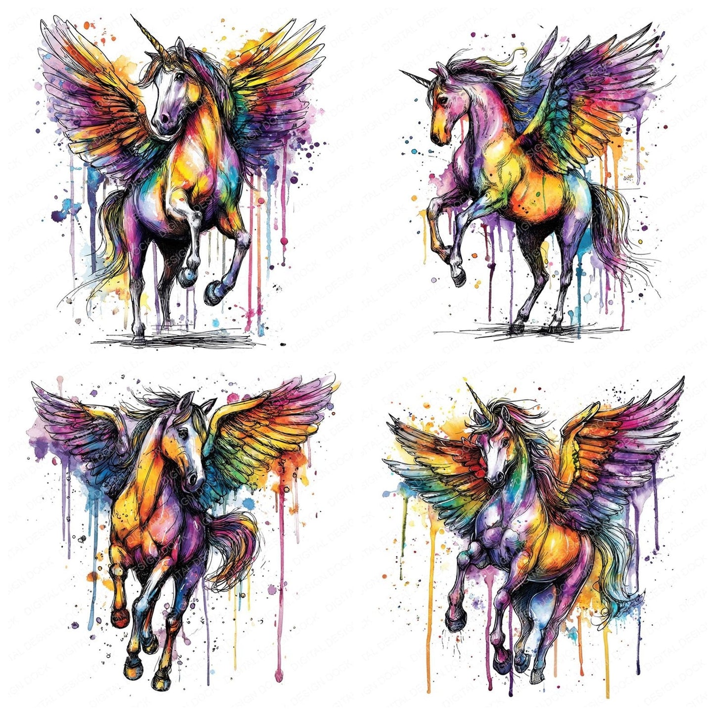 Neon Watercolour Pegasus Clipart Set (DDD006164)