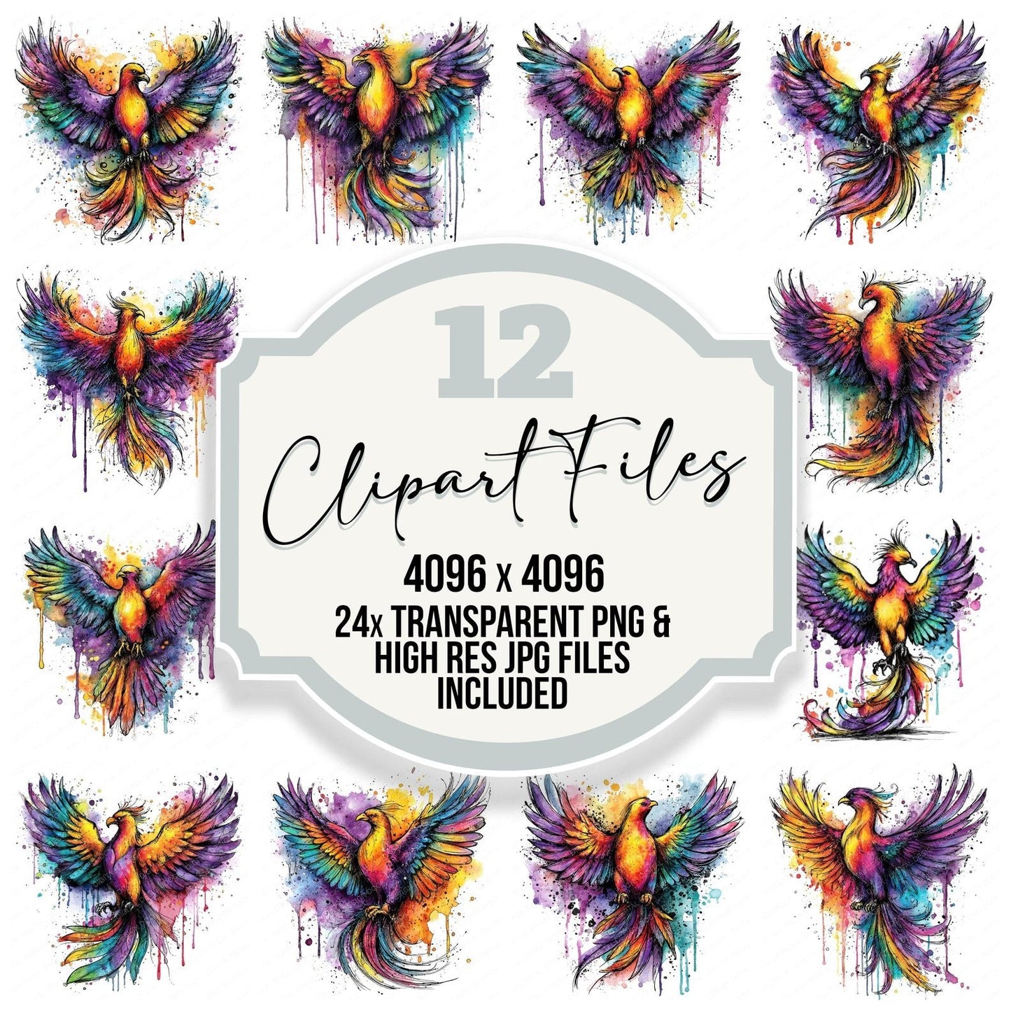 Neon Watercolour Phoenix Clipart Set (DDD006165)