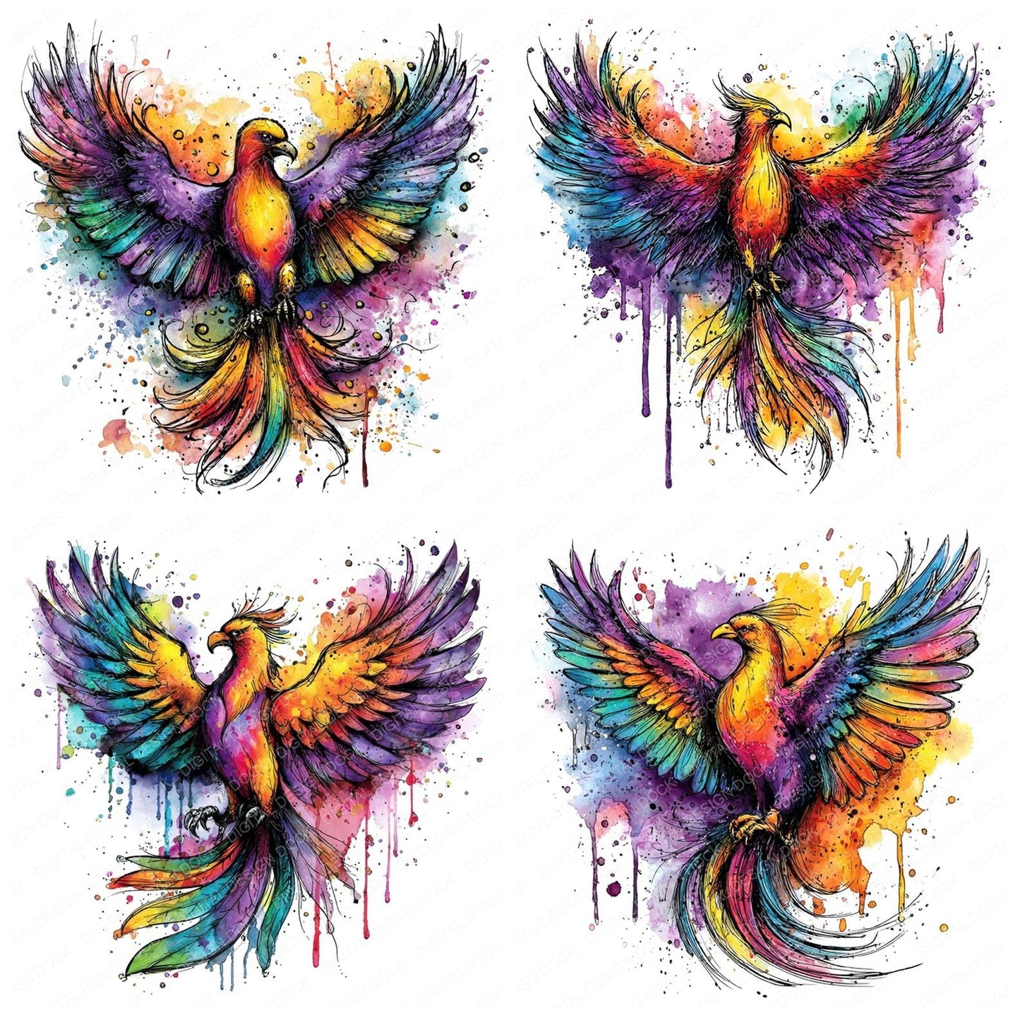 Neon Watercolour Phoenix Clipart Set (DDD006165)