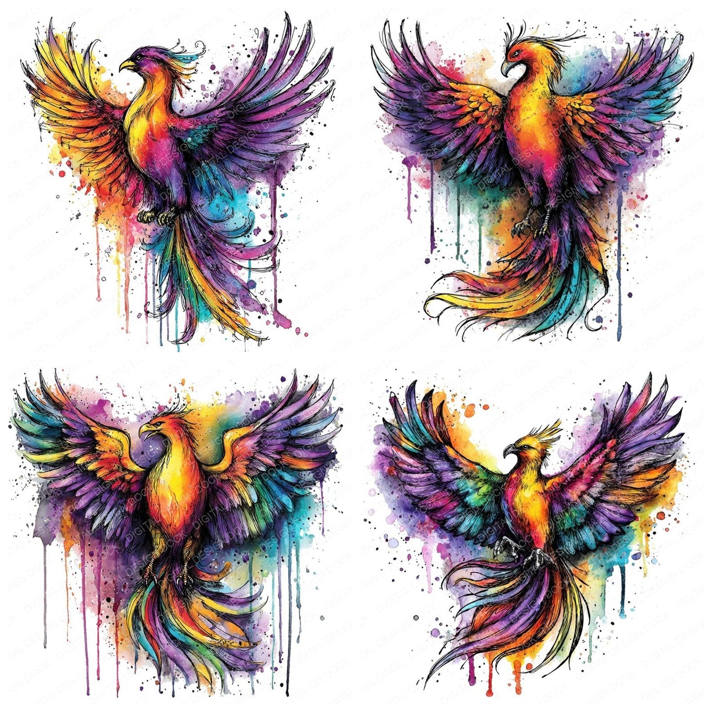 Neon Watercolour Phoenix Clipart Set (DDD006165)