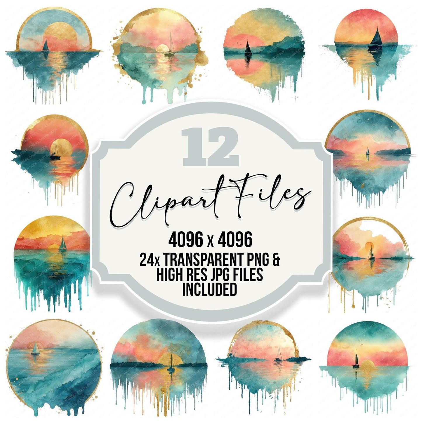 Ocean Sailboat Sunset Scene Clipart Set (DDD006186)