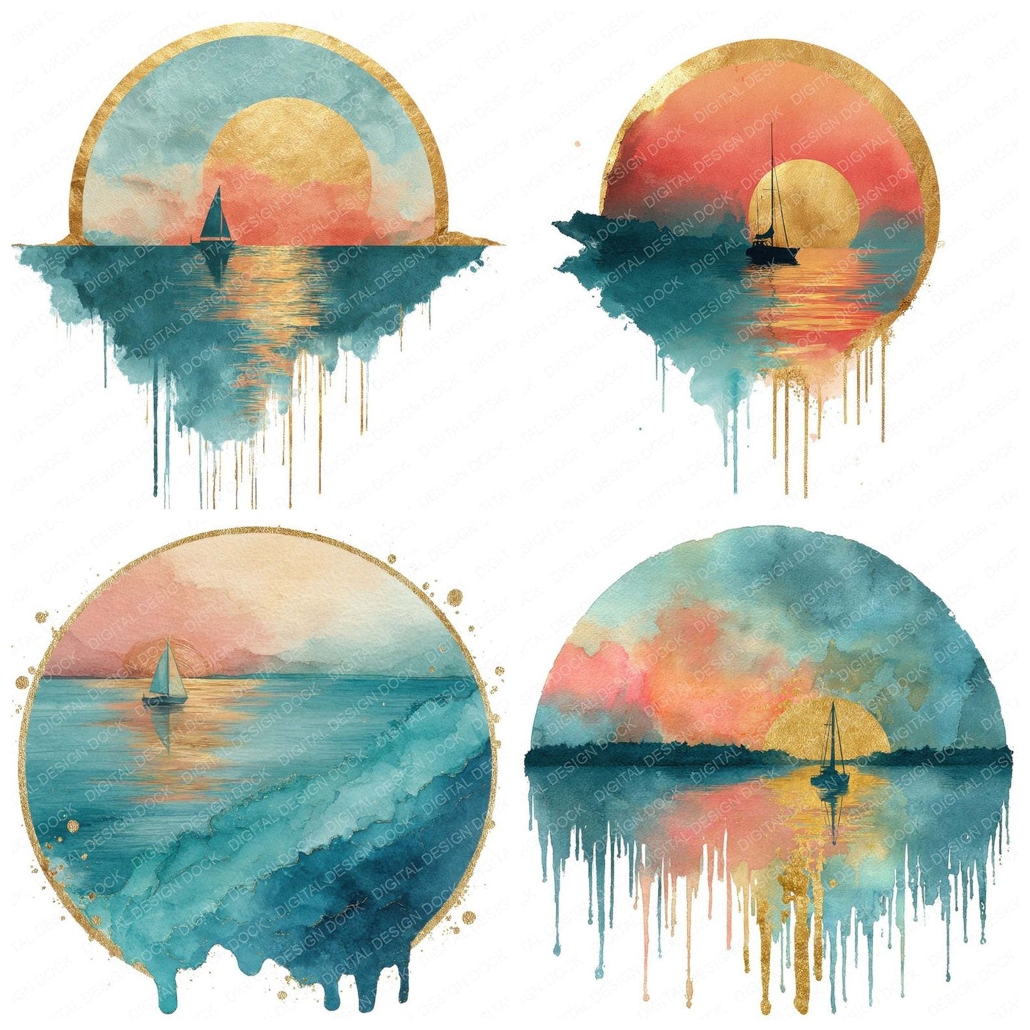 Ocean Sailboat Sunset Scene Clipart Set (DDD006186)