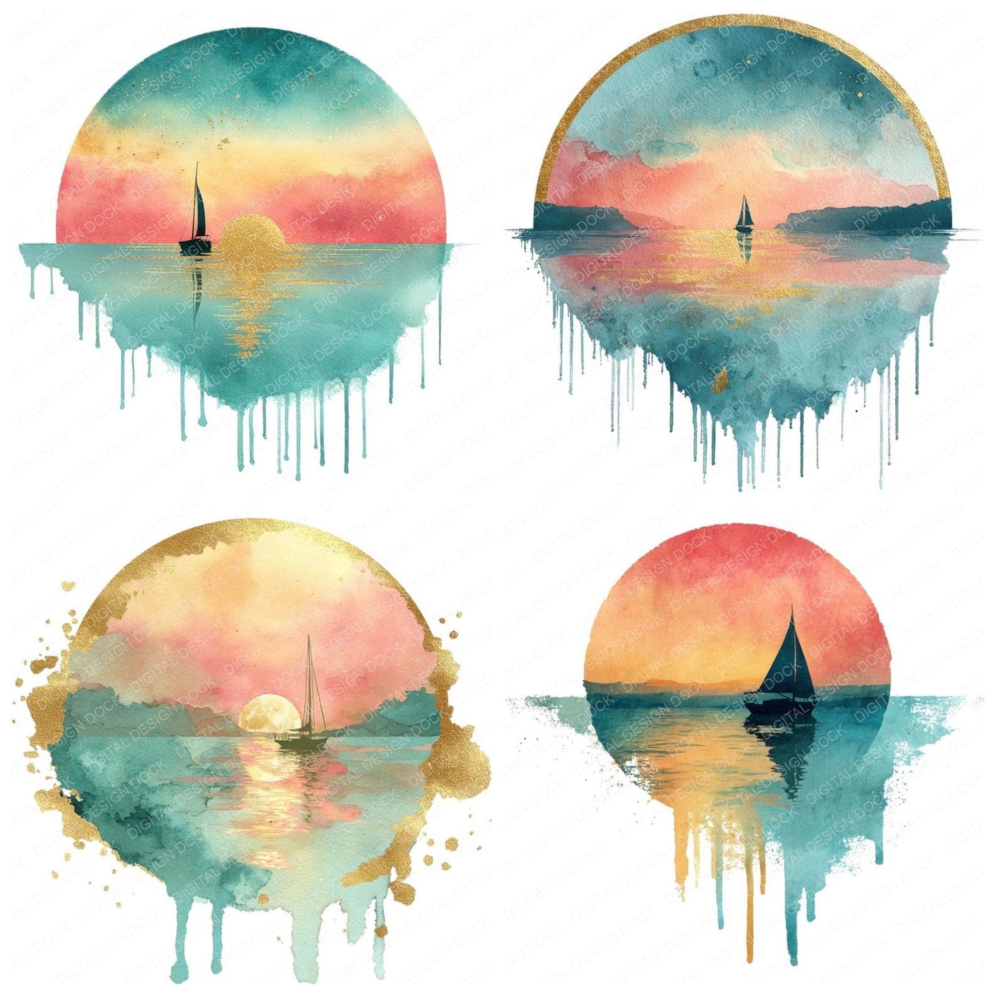 Ocean Sailboat Sunset Scene Clipart Set (DDD006186)