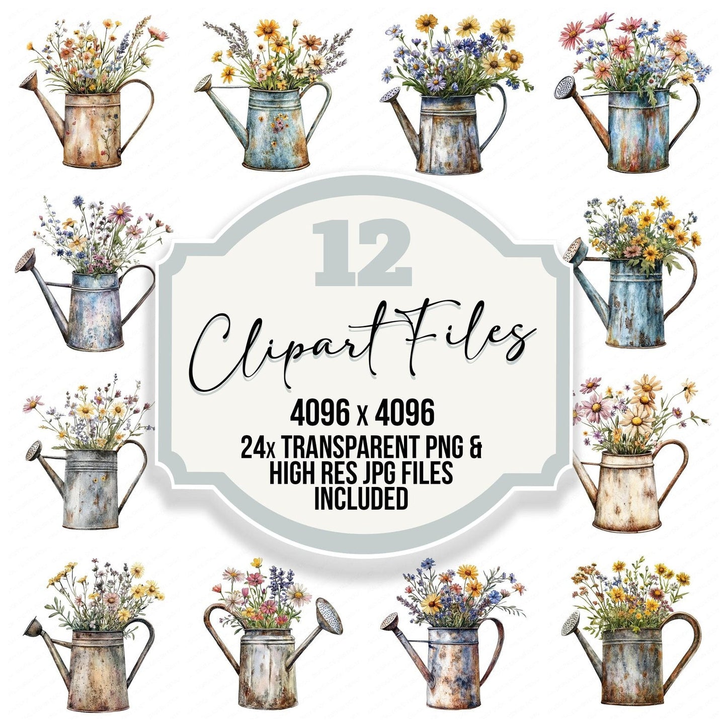 Old Watering Can with Wildflowers Clipart Set (DDD006204)