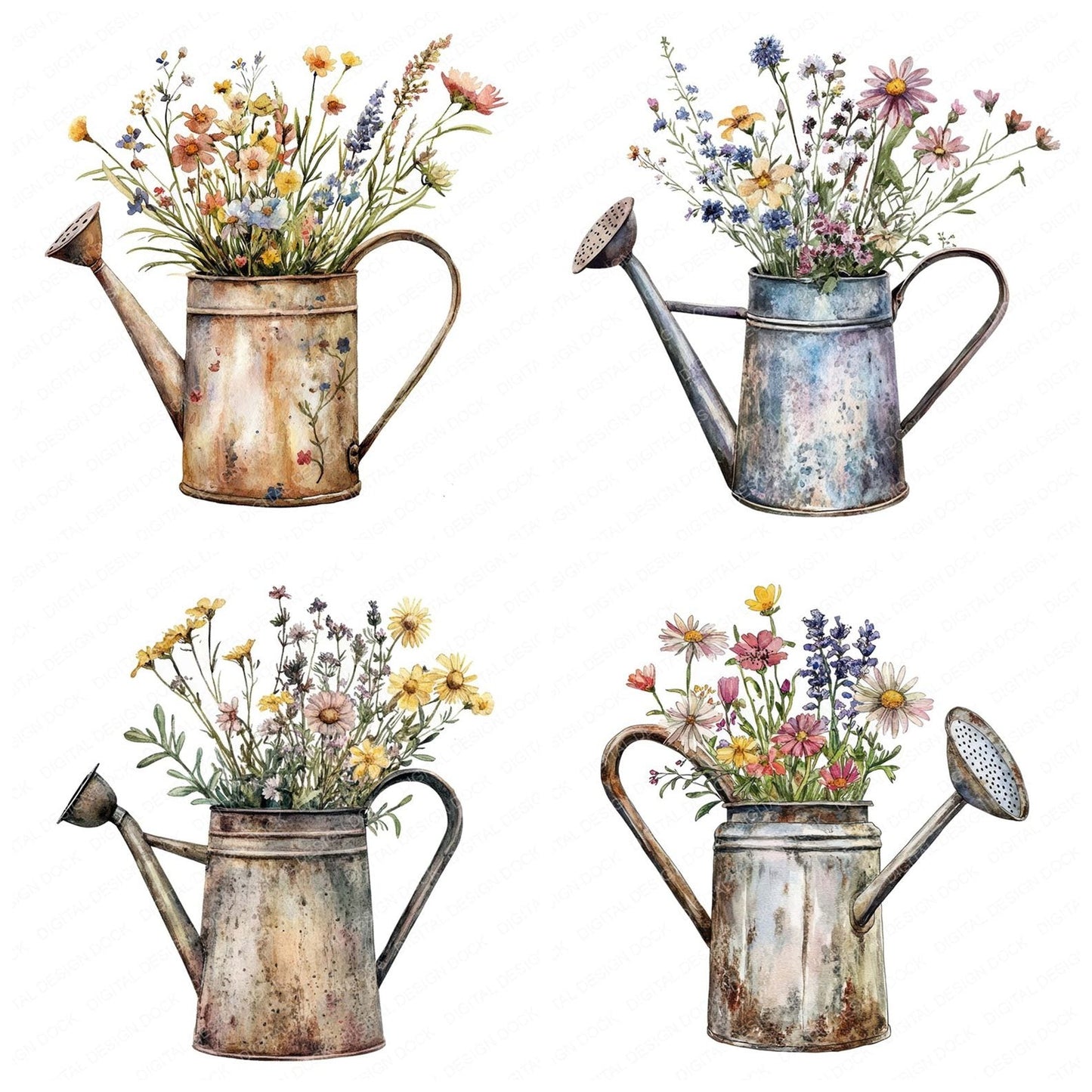 Old Watering Can with Wildflowers Clipart Set (DDD006204)