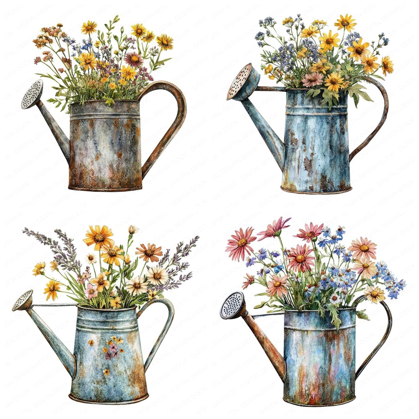 Old Watering Can with Wildflowers Clipart Set (DDD006204)