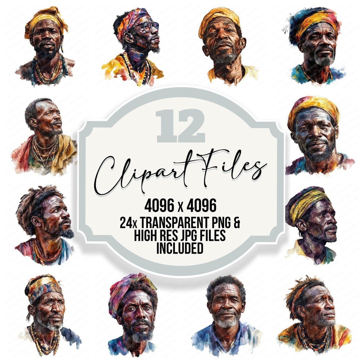 Older African Man Portrait Clipart Set (DDD006205)