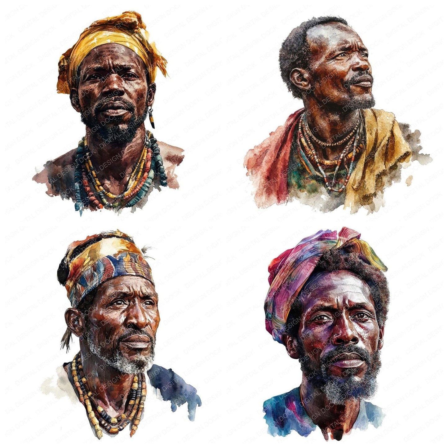 Older African Man Portrait Clipart Set (DDD006205)