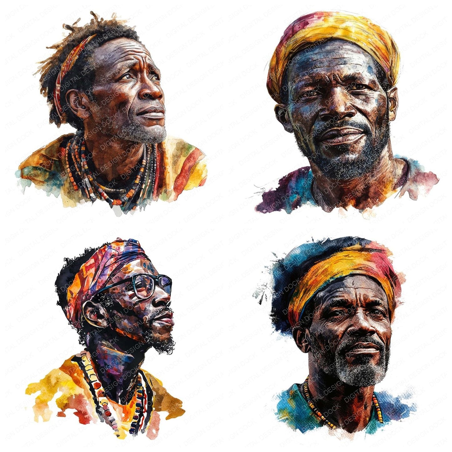 Older African Man Portrait Clipart Set (DDD006205)