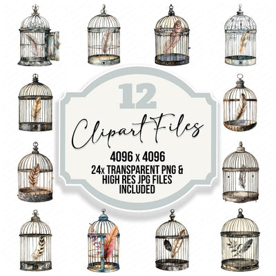 Open Birdcage with Feather clipart set cover showing the designs and file details