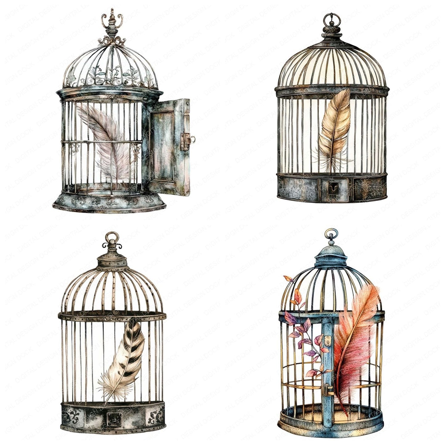 Open Birdcage with Feather Clipart Set (DDD006208)